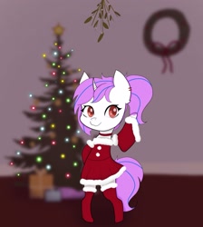 Size: 2459x2739 | Tagged: safe, artist:manta, derpibooru import, oc, oc only, oc:purpleflare, pony, unicorn, bipedal, christmas, christmas tree, clothes, cute, ear piercing, earring, femboy, gift box, holiday, jewelry, looking at you, male, mistletoe, piercing, red eyes, simple background, smiling, smiling at you, solo, standing, stockings, thigh highs, tree, wreath