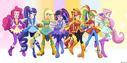Size: 2200x1100 | Tagged: safe, alternate version, artist:riouku, derpibooru import, applejack, fluttershy, pinkie pie, rainbow dash, rarity, sci-twi, sunset shimmer, twilight sparkle, equestria girls, equestria girls series, super squad goals, boots, braided ponytail, clothes, commission, crystal guardian, crystal wings, dark skin, goggles, high heel boots, human coloration, humane five, humane seven, humane six, kotobukiya, kotobukiya rainbow dash, ponied up, pony ears, ponytail, shoes, wings
