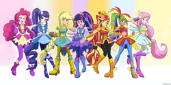 Size: 2200x1100 | Tagged: safe, alternate version, artist:riouku, derpibooru import, applejack, fluttershy, pinkie pie, rainbow dash, rarity, sci-twi, sunset shimmer, twilight sparkle, better together, equestria girls, super squad goals, boots, braided ponytail, clothes, commission, crystal guardian, crystal wings, dark skin, goggles, high heel boots, human coloration, humane five, humane seven, humane six, kotobukiya, kotobukiya rainbow dash, ponied up, pony ears, ponytail, shoes, wings