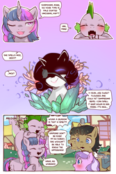 Size: 960x1440 | Tagged: safe, artist:cold-blooded-twilight, derpibooru import, diamond tiara, filthy rich, rarity, spike, twilight sparkle, unicorn twilight, dragon, earth pony, pony, unicorn, comic:cold storm, blushing, cold blooded twilight, comic, dialogue, dock, dragons riding ponies, eyepatch, fangs, flower, gem, glowing, glowing eyes, one eye closed, open mouth, ponyville, riding, silhouette, sparkles, speech bubble, tail, underhoof, wink