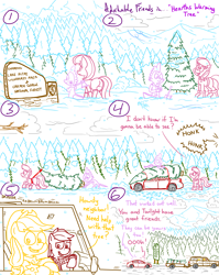 Size: 4779x6013 | Tagged: safe, artist:adorkabletwilightandfriends, derpibooru import, apple bloom, applejack, big macintosh, lily, lily valley, spike, dragon, earth pony, pony, comic:adorkable twilight and friends, adorkable, adorkable friends, axe, boots, butt, car, christmas, christmas tree, clothes, coat, cute, dodge, dodge dart, dork, dragging, female, forest, friendship, hearth's warming, hearth's warming tree, hiking, holiday, jeep, jeep wagoneer, kindness, lilybetes, love, male, mare, mountain, nature, perspective, plot, scarf, scenery, shoes, sign, snow, snow flurries, suv, tree, weapon, wholesome, winter, winter outfit, winter wonderland