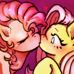 Size: 1000x1000 | Tagged: safe, artist:bunchi, derpibooru import, fluttershy, pinkie pie, earth pony, pegasus, pony, blushing, cute, duo, duo female, eyelashes, female, flutterpie, heart, kissing, lesbian, mare, shipping, simple background, solo focus, surprise kiss, surprised