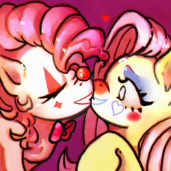 Size: 1000x1000 | Tagged: safe, artist:bunchi, derpibooru import, fluttershy, pinkie pie, surprise, earth pony, pegasus, pony, boop, bowtie, clown, cute, duo, duo female, eyelashes, eyes closed, eyeshadow, female, flutterpie, heart, kissing, lesbian, long mane, makeup, mare, noseboop, shipping, surprise kiss, surprised