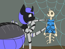 Size: 4000x3000 | Tagged: safe, artist:triksa, derpibooru import, oc, oc:obis, oc:triksa, changeling, spider, spiderling, bone, clothes, dress, mannequin, silk, simple background, skeleton, smiling, spider web