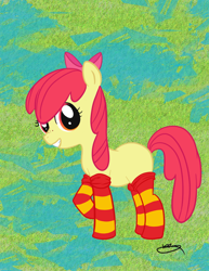 Size: 638x825 | Tagged: safe, artist:bunnimation, derpibooru import, apple bloom, earth pony, pony, clothes, female, filly, foal, freckles, grin, looking at you, raised hoof, raised leg, smiling, smiling at you, socks, solo, stockings, striped socks, thigh highs