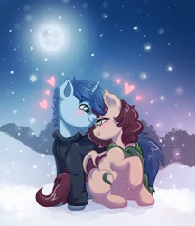 Size: 1296x1500 | Tagged: safe, artist:avui, derpibooru import, oc, oc:slumber tea, oc:tesseract, bat pony, pony, unicorn, clothes, commission, couple, cute, hoodie, love, moon, night, scarf, snow, snowfall, your character here