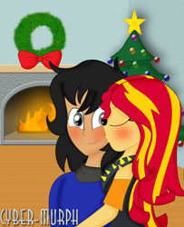 Size: 1616x1992 | Tagged: safe, artist:cyber-murph, derpibooru import, sunset shimmer, oc, oc:deaf horse, equestria girls, blushing, canon x oc, christmas, christmas tree, commission, cute, eyes closed, fire, fireplace, hearth's warming, holiday, hug, kiss on the cheek, kissing, living room, signature, tree, wreath