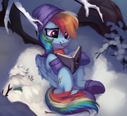 Size: 1500x1376 | Tagged: safe, artist:taneysha, derpibooru import, daring do, rainbow dash, tank, pegasus, pony, tanks for the memories, clothes, cute, daring do books, dashabetes, duo, female, hat, lying down, mare, on back, reading, scarf, sitting, snow, winter, winter outfit
