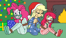 Size: 1648x949 | Tagged: safe, artist:bugssonicx, derpibooru import, apple bloom, applejack, pinkie pie, equestria girls, arm behind back, bondage, bound and gagged, christmas, cloth gag, clothes, emanata, footie pajamas, gag, holiday, pajamas, rope, rope bondage, tied up