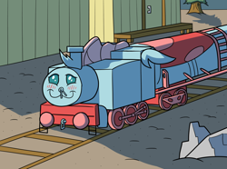 Size: 1280x953 | Tagged: safe, artist:sergeant16bit, derpibooru import, ocellus, changedling, changeling, :3, blushing, commission, cute, inanimate tf, rock, tracks, train, train pony, trainified, transformation, vehicle
