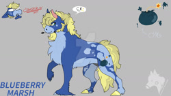 Size: 1280x720 | Tagged: safe, artist:gasmask-donkey, derpibooru import, oc, oc:blueberry marsh, earth pony, pony, chest fluff, coat markings, deviantart watermark, gray background, magical gay spawn, male, obtrusive watermark, offspring, parent:big macintosh, parent:party favor, simple background, solo, stallion, watermark