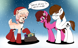 Size: 2724x1690 | Tagged: safe, artist:aarondrawsarts, derpibooru import, oc, oc only, oc:brain teaser, oc:daisy cakes, oc:rose bloom, deer, deer pony, earth pony, original species, blushing, brainbloom, brown collar, christmas, clothes, collar, dialogue, female, glasses, holiday, male, oc x oc, red stockings, shipping, snow, snowfall, stockings, straight, thigh highs