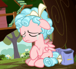 Size: 800x728 | Tagged: safe, derpibooru import, screencap, cozy glow, pegasus, pony, marks for effort, season 8, spoiler:s08, animated, bag, bags, balcony, bawling, bow, cropped, crying, curly hair, curly mane, dirt, female, filly, flower, foal, freckles, gif, grass, open mouth, poor thing, sad, small wings, sobbing, solo, stairs, teary eyes, tree, treehouse, wings, wiping tears
