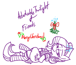 Size: 3695x3160 | Tagged: safe, artist:adorkabletwilightandfriends, derpibooru import, starlight glimmer, adorkable, adorkable friends, christmas, clothes, crossed legs, cute, dork, glimmerbetes, hearth's warming, holiday, lidded eyes, looking at you, lying down, magic, mistletoe, on back, socks, stockings, striped socks, sweater, thigh highs, thighs, tongue, tongue out