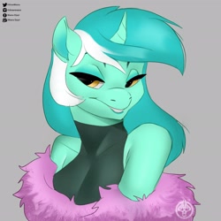 Size: 2048x2048 | Tagged: safe, artist:drawmaara, derpibooru import, lyra heartstrings, anthro, unicorn, aquamarine coat, aquamarine mane, bedroom eyes, black halter top, bust, clothes, female, fur scarf, golden eyes, gray background, grin, halter top, lidded eyes, looking to side, looking to the left, mare, simple background, smiling, solo, teeth, two toned mane, watermark, white background