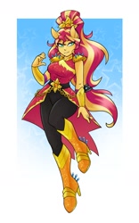 Size: 1500x2400 | Tagged: safe, artist:ambris, derpibooru import, sunset shimmer, human, equestria girls, boots, buckle, crystal guardian, geode of empathy, high heel boots, lidded eyes, magical geodes, ponied up, pony ears, shoes, sun, super ponied up, waistband, wristband