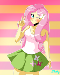 Size: 4000x5000 | Tagged: safe, artist:dollybrownpigta, derpibooru import, fluttershy, equestria girls, abstract background, absurd resolution, beautiful eyes, beautiful hair, blushing, breasts, cleavage, clothes, cutie mark, cutie mark on clothes, eyebrows, eyebrows visible through hair, eyeshadow, female, hootershy, looking at you, makeup, one eye closed, peace sign, signature, skirt, smiling, smiling at you, solo, wink, winking at you