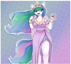 Size: 1810x1633 | Tagged: safe, artist:_alixxie_, derpibooru import, princess celestia, alicorn, anthro, clothes, dress, drink, eye clipping through hair, female, glass, gradient background, mare, open mouth, open smile, outline, side slit, smiling, solo, total sideslit, white outline, wine glass, wings