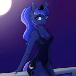 Size: 1334x1350 | Tagged: safe, artist:_alixxie_, derpibooru import, princess luna, anthro, unicorn, alternate hairstyle, blue coat, blue mane, blue swimsuit, blue tail, breasts, cleavage, clothes, crown, cutie mark, ear fluff, ears, eye clipping through hair, eyebrows, eyebrows visible through hair, female, frown, horn, jewelry, looking to side, looking to the left, mare, moon, night, night sky, night sky background, one-piece swimsuit, ponytail, regalia, sitting, sky background, solo, stars, swimsuit, two toned mane, wingless, wingless anthro