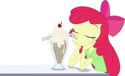 Size: 11358x6915 | Tagged: safe, artist:marcorulezzz, derpibooru import, apple bloom, equestria girls, absurd resolution, cherry, drinking, drinking straw, eyes closed, female, food, glass cup, hands on cheeks, milkshake, simple background, solo, transparent background, vector