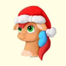 Size: 900x900 | Tagged: safe, artist:redquoz, derpibooru import, oc, oc only, oc:allegra mazarine, pegasus, pony, brown coat, bust, christmas, ears, eyebrows, floppy ears, green eyes, hat, holiday, looking up, pegasus oc, portrait, red mane, santa hat, signature, solo, two toned mane