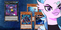 Size: 1782x886 | Tagged: safe, artist:chedx, derpibooru import, silverstream, hippogriff, comic:the storm kingdom, alternate universe, card, clothes, crystal of light, evil smirk, female, game, the storm six, uniform, yu-gi-oh!