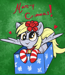 Size: 2080x2410 | Tagged: safe, artist:t72b, derpibooru import, derpy hooves, pegasus, pony, :p, bell, bell collar, blushing, bow, box, christmas, clothes, collar, cute, derpabetes, female, hair bow, high res, holiday, mare, misspelling, pony in a box, pun, socks, solo, striped socks, tongue, tongue out