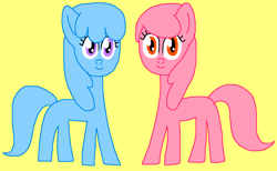 Size: 1295x798 | Tagged: safe, artist:bettypony56, derpibooru import, oc, oc:mary janes, oc:willie janes, earth pony, pony, adult blank flank, blank flank, cute, duo, female, friends, lesbian, mare, married, marybetes, monochrome, simple background, smiling, williebetes, yellow background