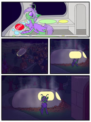 Size: 1024x1366 | Tagged: safe, artist:incendiarymoth, derpibooru import, oc, oc:pickles, alien, alien pony, comic, commission, ponyville, space ship