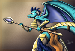 Size: 2660x1813 | Tagged: safe, artist:bomzzzik, derpibooru import, dragon lord ember, princess ember, anthro, dragon, armor, butt, dragoness, female, loincloth, princess embutt, signature, simple background, solo, staff