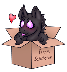 Size: 1722x1842 | Tagged: safe, artist:hopeless-silver, derpibooru import, oc, oc only, oc:blissy, changeling, box, changeling in a box, cute, cuteling, heart, purple changeling, simple background, solo, tongue, tongue out, transparent background