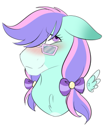 Size: 613x746 | Tagged: safe, artist:corwolf, derpibooru import, oc, oc only, oc:blissy, pony, blushing, bust, chest fluff, cute, glasses, pigtails, simple background, solo, transparent background