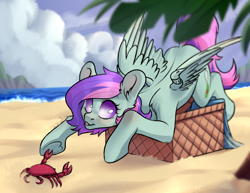 Size: 2500x1932 | Tagged: safe, artist:chibadeer, derpibooru import, oc, oc only, oc:blissy, changeling, crab, pegasus, pony, artificial wings, augmented, basket, beach, blushing, changeling oc, commission, cute, disguise, disguised changeling, frog (hoof), heart shaped hooves, mechanical wing, ocean, outdoors, pegasus oc, sand, solo, underhoof, wings, ych result