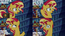 Size: 1280x720 | Tagged: safe, derpibooru import, edit, edited screencap, editor:quoterific, screencap, sunset shimmer, pony, unicorn, equestria girls, mirror magic, spoiler:eqg specials, bag, female, library, mare, open mouth, open smile, saddle bag, smiling, solo, twilight's castle, twilight's castle library