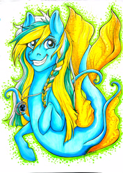 Size: 2058x2915 | Tagged: safe, artist:alexispaint, derpibooru import, oc, oc only, seapony (g4), blue eyes, dorsal fin, fish tail, flowing tail, high res, jewelry, looking at you, necklace, simple background, smiling, solo, tail, teeth, white background