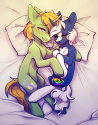 Size: 1327x1695 | Tagged: safe, artist:faract, derpibooru import, oc, oc only, oc:hoping light, oc:passi deeper, pony, unicorn, bed, bedsheets, blanket, blushing, chest fluff, coat markings, colored pupils, cuddling, cute, duo, duo male, ears, eyebrows, eyebrows visible through hair, eyes closed, floppy ears, gay, happy, heart eyes, horn, hug, lidded eyes, looking at each other, looking at someone, lying down, male, morning, oc x oc, open mouth, pillow, ponytail, salivating, shipping, shy, sleeping, smiling, smiling at each other, socks (coat marking), stallion, stallion on stallion, tail, unicorn oc, wingding eyes