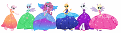 Size: 2176x594 | Tagged: safe, artist:gihhbloonde, derpibooru import, oc, oc only, equestria girls, bald, base used, clothes, dress, eyelashes, group, simple background, smiling, white background