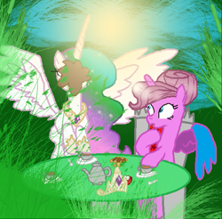 Size: 559x550 | Tagged: safe, artist:gihhbloonde, derpibooru import, princess celestia, oc, oc only, alicorn, pony, alicorn oc, base used, duo, eyelashes, female, food, hoof shoes, horn, jewelry, mare, outdoors, peytral, smiling, tea, teapot, tiara, wings