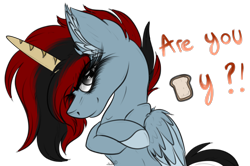 Size: 2766x1839 | Tagged: safe, artist:beamybutt, derpibooru import, oc, oc only, alicorn, pony, alicorn oc, bread, bust, colored wings, ear fluff, ears, eyelashes, female, food, horn, mare, simple background, smiling, smirk, talking, transparent background, two toned wings, wings
