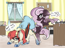 Size: 4213x3115 | Tagged: safe, artist:beamybutt, derpibooru import, oc, oc only, bat pony, pony, bat pony oc, bat wings, dialogue, duo, ear fluff, ears, eyelashes, face down ass up, female, hoof polish, indoors, kitchen, male, mare, stallion, wings