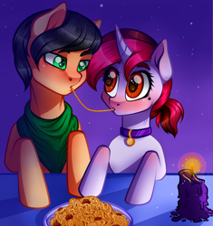 Size: 3767x4000 | Tagged: safe, artist:vetta, derpibooru import, oc, oc:kosh, oc:vetta, earth pony, pony, unicorn, candle, clothes, food, pasta, spaghetti, spaghetti scene