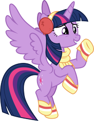 Size: 3000x3895 | Tagged: safe, artist:cloudyglow, derpibooru import, twilight sparkle, twilight sparkle (alicorn), alicorn, pony, best gift ever, clothes, earmuffs, female, flying, full body, high res, horn, mare, multicolored mane, multicolored tail, purple eyes, scarf, simple background, smiling, solo, spread wings, tail, transparent background, vector, wings, winter outfit