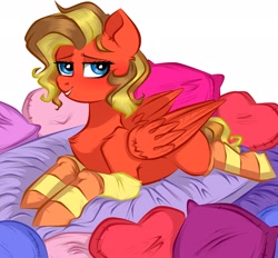 Size: 2323x2160 | Tagged: safe, artist:vetta, derpibooru import, oc, oc only, pegasus, pony, clothes, high res, pillow, socks, solo