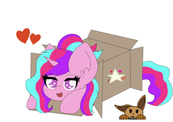 Size: 4092x2893 | Tagged: safe, artist:sharpiesketches, derpibooru import, oc, oc:star art, pony, unicorn, box, female, floating heart, heart, mare, open mouth, simple background, white background