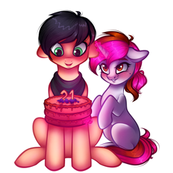 Size: 4000x4000 | Tagged: safe, artist:vetta, derpibooru import, oc, oc:kosh, oc:vetta, earth pony, pony, unicorn, 21, berry, birthday cake, cake, food