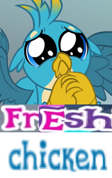 Size: 765x1210 | Tagged: safe, derpibooru import, editor:horsesplease, gallus, bird, chicken, caption, expand dong, exploitable meme, gallus the rooster, image macro, meme, puppy dog eyes, puppy-eyed gallus