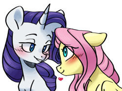 Size: 1280x958 | Tagged: safe, artist:chub-wub, derpibooru import, fluttershy, rarity, pegasus, pony, unicorn, bedroom eyes, blushing, duo, eye contact, eyeshadow, female, flarity, grin, heart, lesbian, looking at each other, looking at someone, makeup, mare, shipping, simple background, smiling, smiling at each other, white background