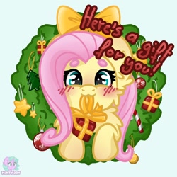Size: 1280x1280 | Tagged: safe, artist:minty joy, derpibooru import, fluttershy, pegasus, pony, blue eyes, blush sticker, blushing, bow, candy, candy cane, cheek fluff, chest fluff, christmas, christmas tree, christmas wreath, cute, ear fluff, ears, female, food, gift box, gift wrapped, holiday, mare, simple background, smiling, solo, sparkles, starry eyes, stars, text, tree, wingding eyes, wreath, ych example, your character here