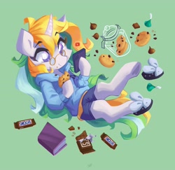 Size: 4096x3983 | Tagged: safe, artist:saxopi, derpibooru import, oc, oc only, semi-anthro, unicorn, book, cookie, eating, food, snickers, solo