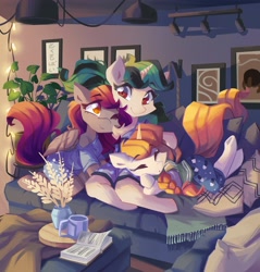 Size: 3911x4096 | Tagged: safe, artist:saxopi, derpibooru import, oc, oc only, pegasus, semi-anthro, unicorn, book, braid, pillow, sofa, string lights